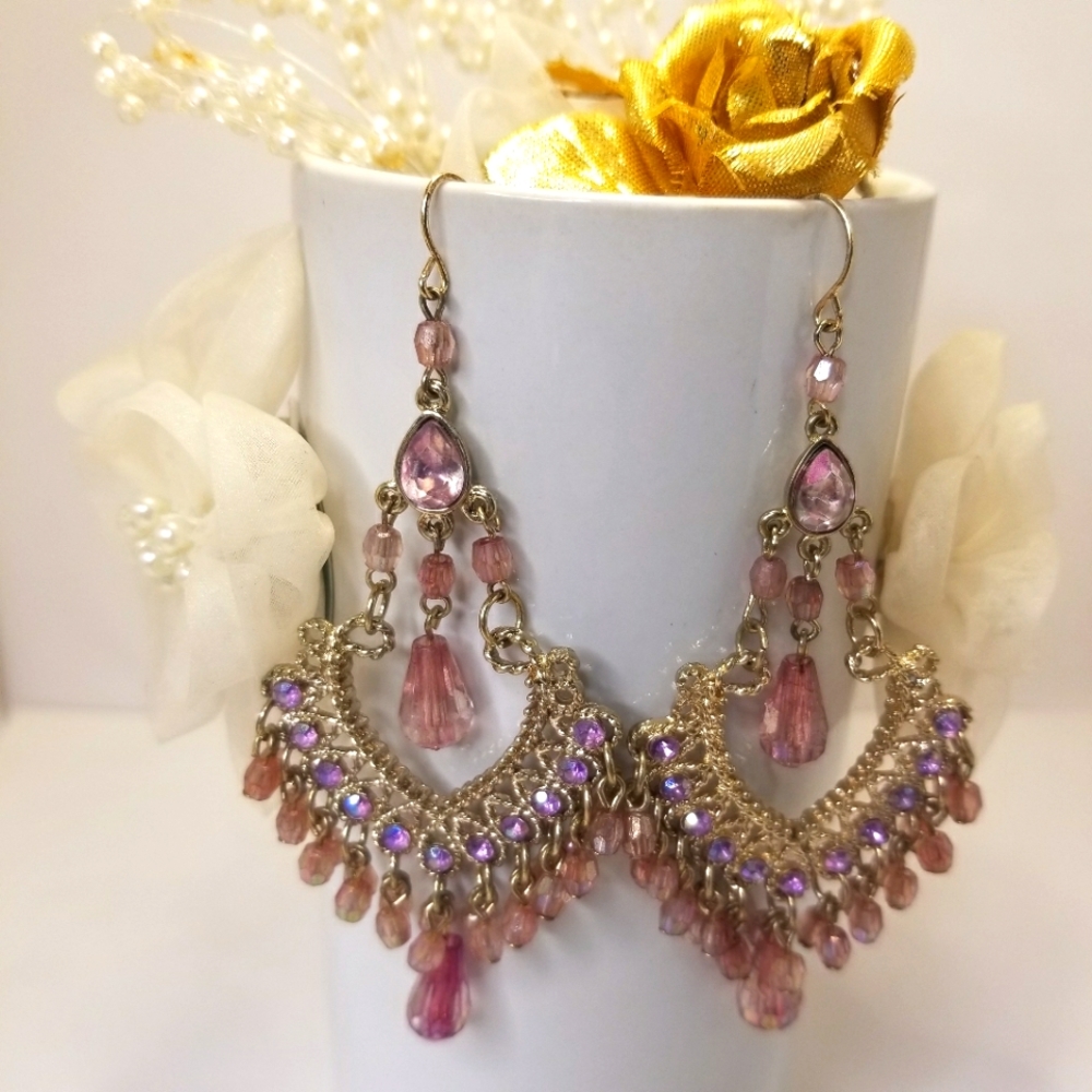 Vintage Iridescent Faceted Beads Gold Chandelier Earrings